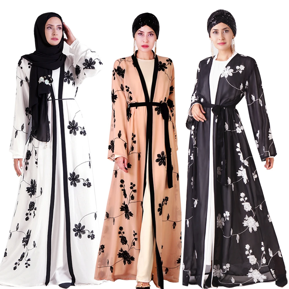 

Long Sleeve Turkish Fashion floral embroidery cardigan open front kimono abaya hot new model dubai style islamic muslim dress, Picture