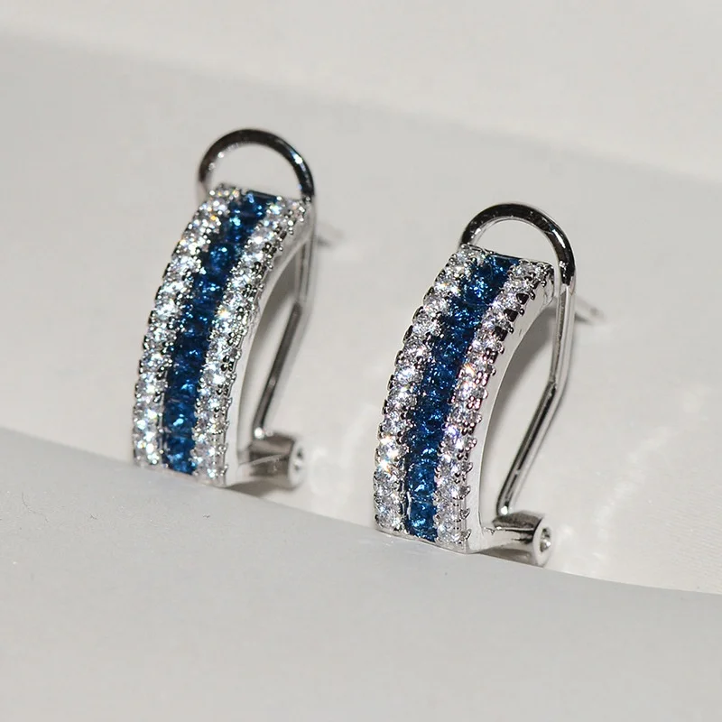 

Fashion Super Shiny Blue Stud Earrings Copper Cubic Zirconia Earrings Women Party Wedding Jewelry