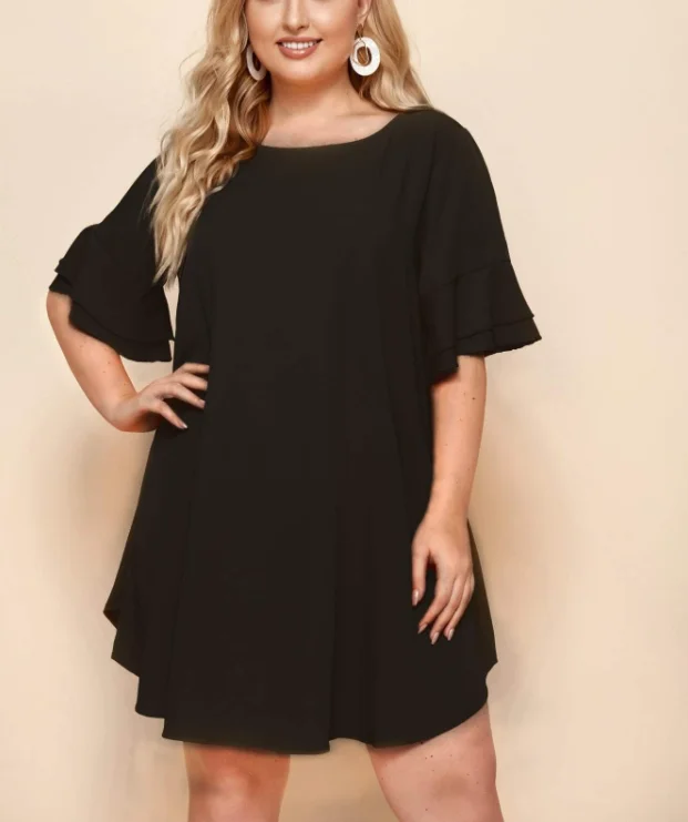

Plus size Women's Round Neck Petal Short Ruffle Sleeve Tunic Daily Casual summer Party Dress