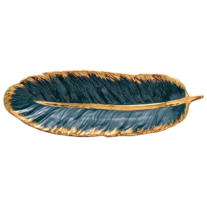 

nordic creative feather plate leaf ceramic plates home decor gold plated jewelry storage tray, White green golden orange