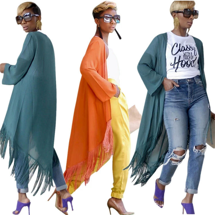 

L-966 Amazon 2021 Women's Trench Coat European and American Women's Fringe Long Sleeve coat