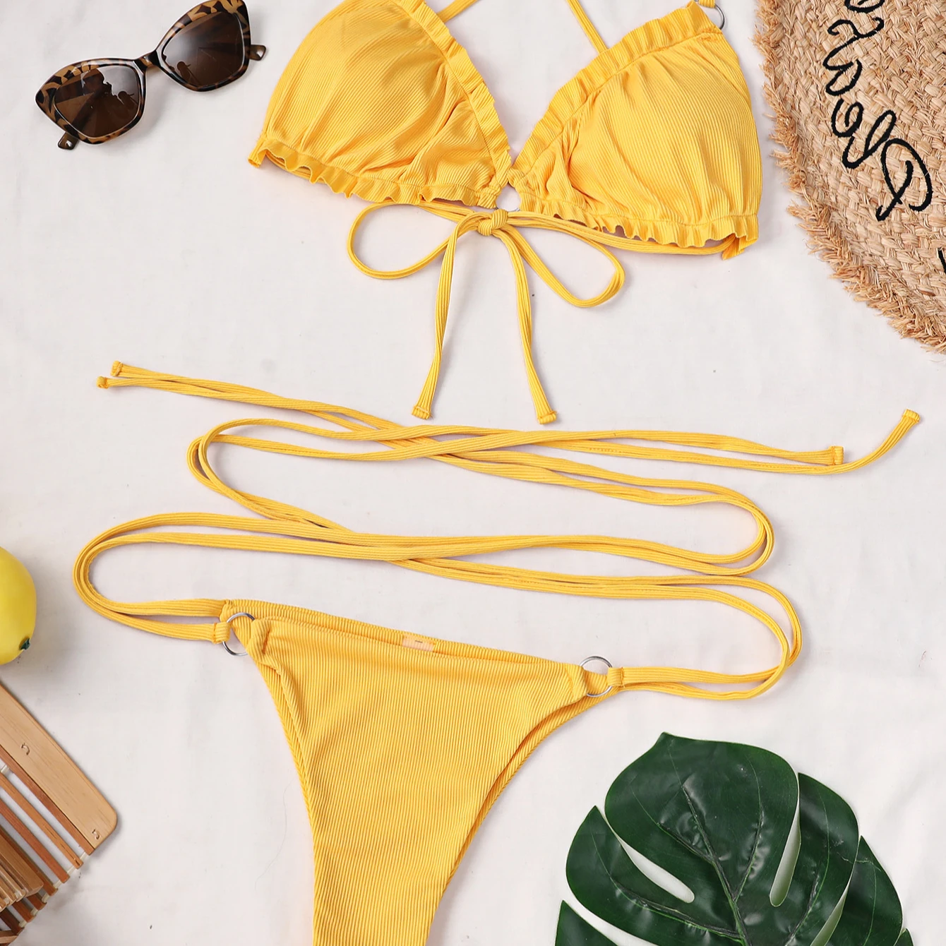 

2021 European and American new solid color pit strip three-point bikini sexy wrinkle swimsuit bandage swimwear