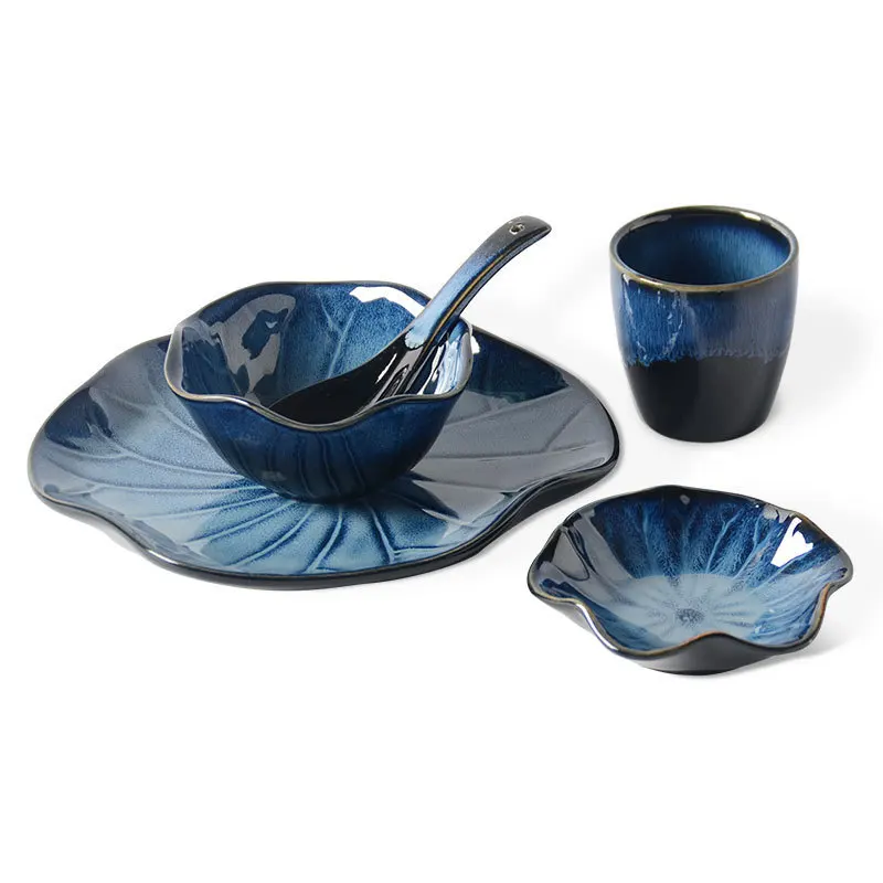 

Japanese Style Kiln Changing Color Glazed Irregular Tableware Plate Dishes Blue Glazed Ceramic Dinnerware Sets