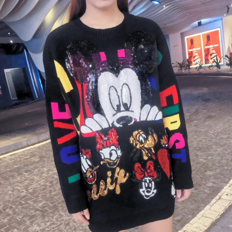 

Sequin Mickey Cartoon Pattern sexy African style print short sleeve dress, As shown