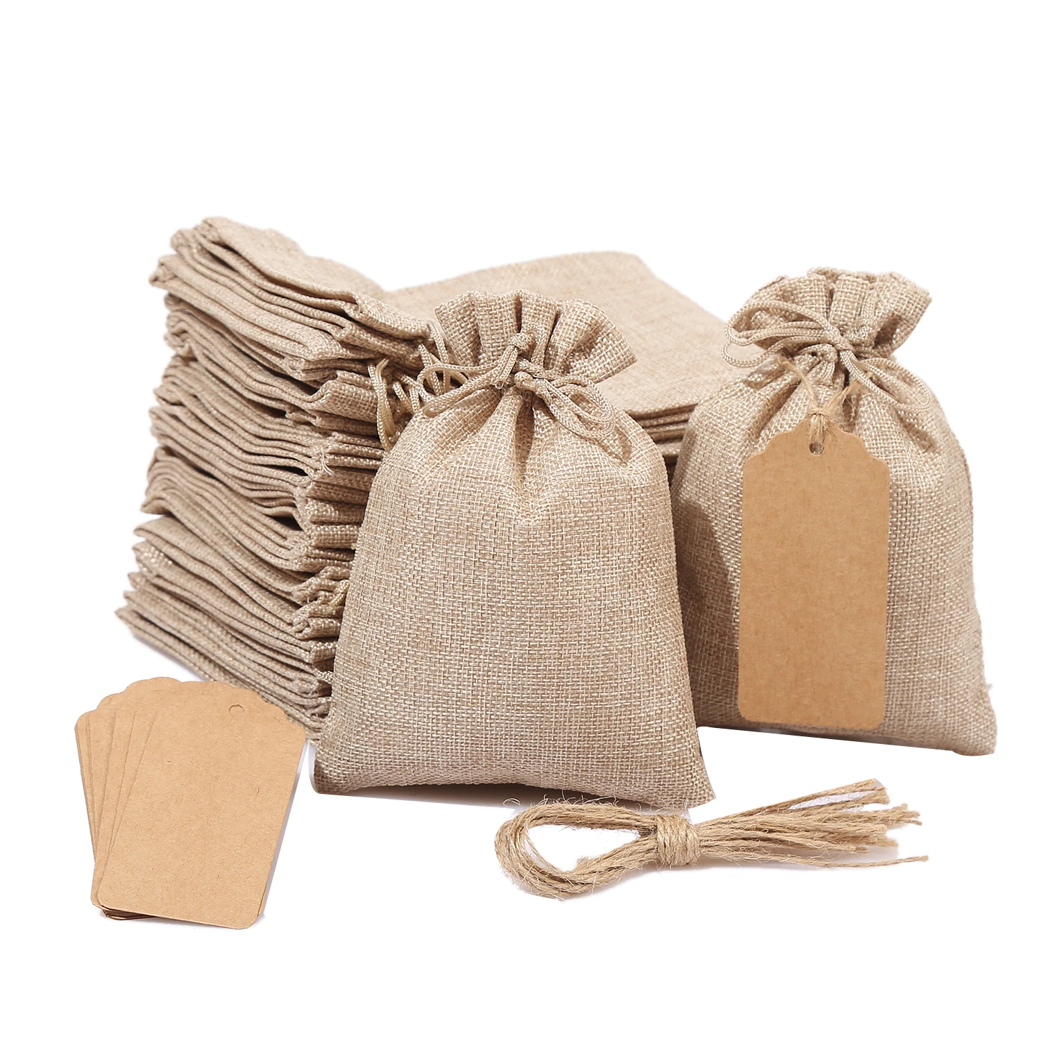 

Custom 10*14cm Linen Burlap Bags With Tag Rope Christmas Sack Gift Drawstring Bag Jute Drawstring Bags Pouch