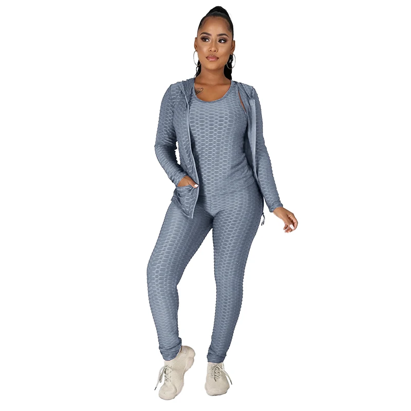 

New design Spice three Piece hoddies with vest and Butt Lifter Yoga Pants grey sweatsuit Training & Jogging Wear
