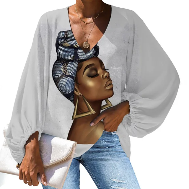 

Fashion Black Afro Girls Printed Summer Blouse Women Long Sleeve V-Neck Breath Beachwear Office Ladies' Blouses & Tops Clothes