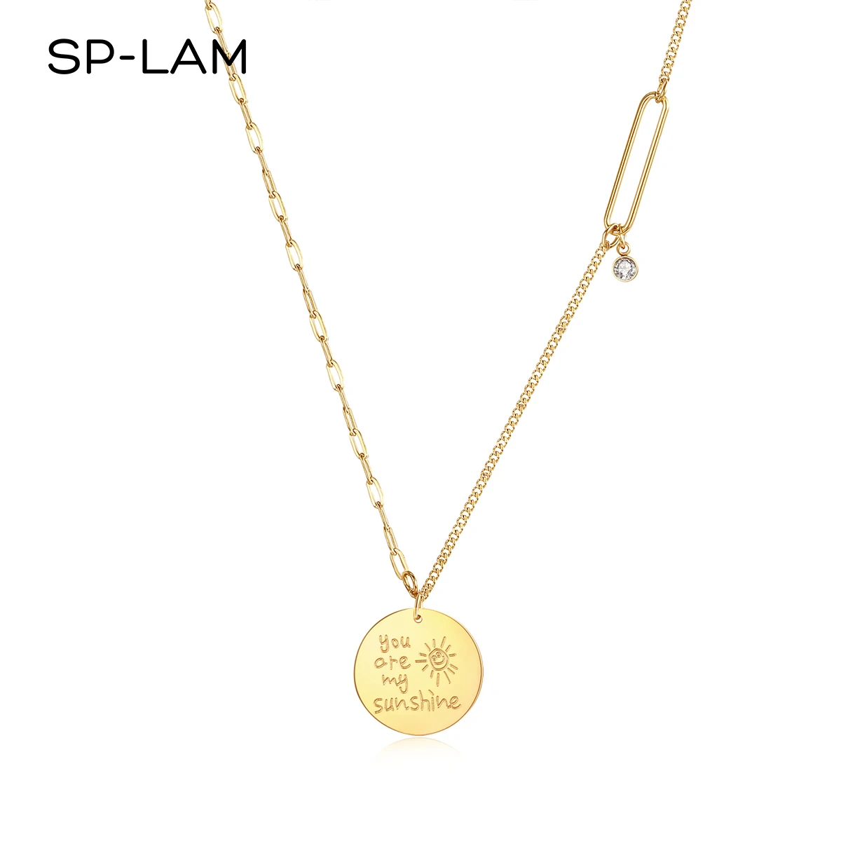 

SP-LAM Stainless Steel Link Chain Necklace Cubic Zirconia Diamond Round Disc Necklace with Engraving