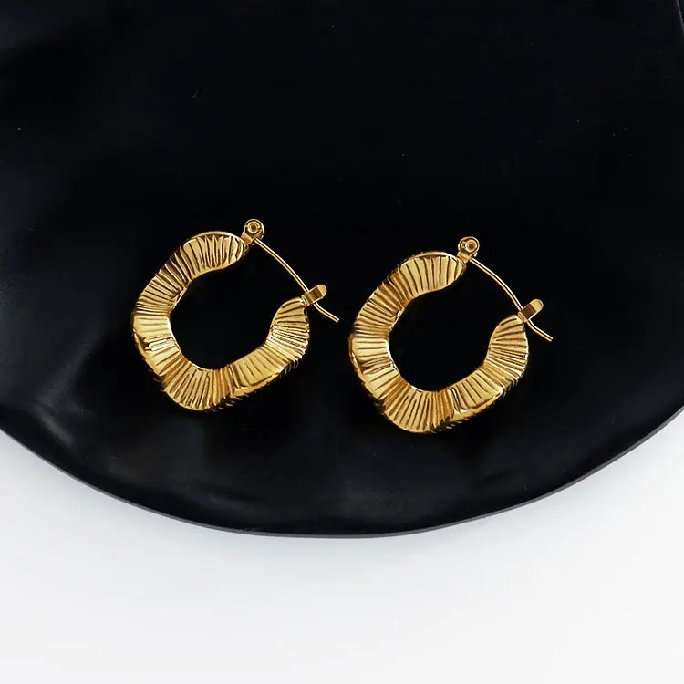 

Hoop Huggie 18K Gold Plated Engraved Water Wave Earrings Stainless Steel
