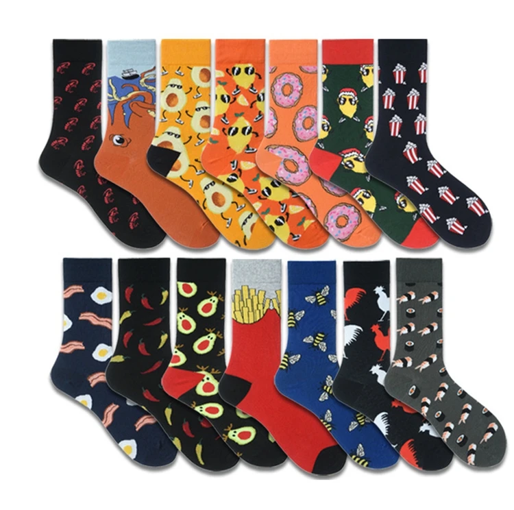 

Men's mid-drum jacquard socks French fries doughnuts creative food series men's cotton funny socks men colorful, As picture