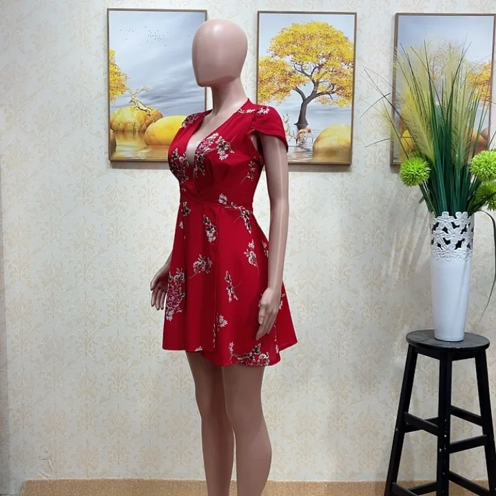 

2021 New Summer Sexy Women Short Sleeve Mini Dress Casual Party Evening V neck High Waist Chiffon Short Mini Dresses, Picture color