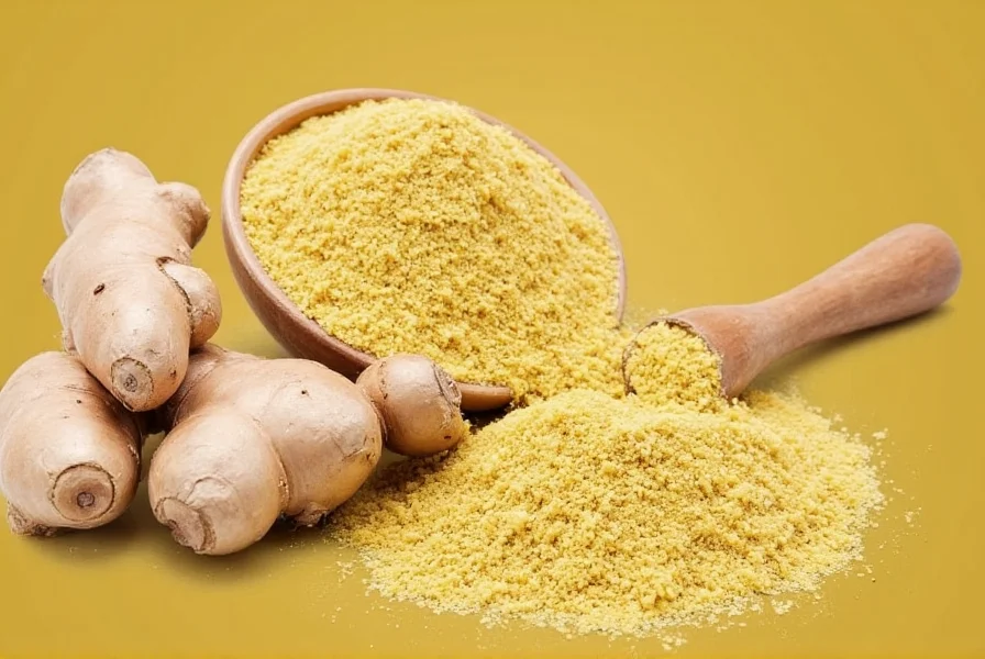 Close-up comparison of ground ginger alternatives including fresh ginger, allspice, and galangal on wooden cutting board