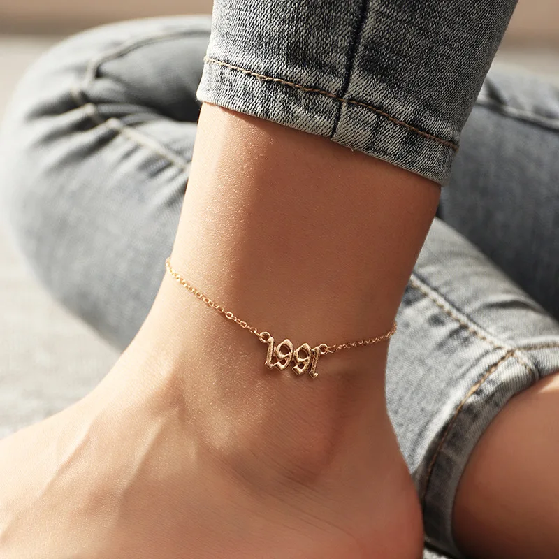 

Summer Casual Gold Plated Chain Anklets Bracelets Retro Custom 1991-2005 Birth Year Anklet for Women Men