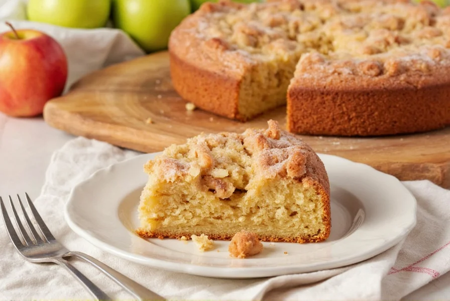 Moist apple cinnamon cake with golden crust and visible apple pieces on a white plate with cinnamon dusting