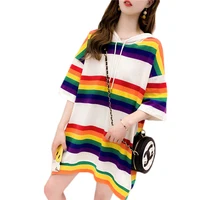 

Summer short sleeve women wholesale colorful stripe hooded t shirt