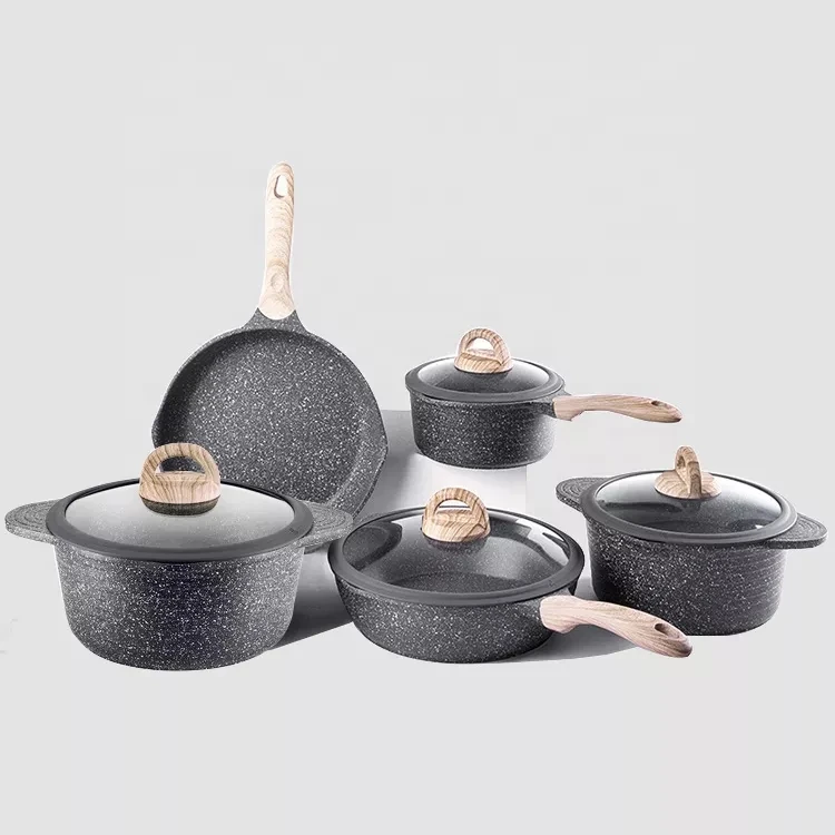 

JEETEE OEM Marble Series 9pcs Nonstick Marble Coating Cast Aluminum Cookware Set with Handle Silicone Glass Lid