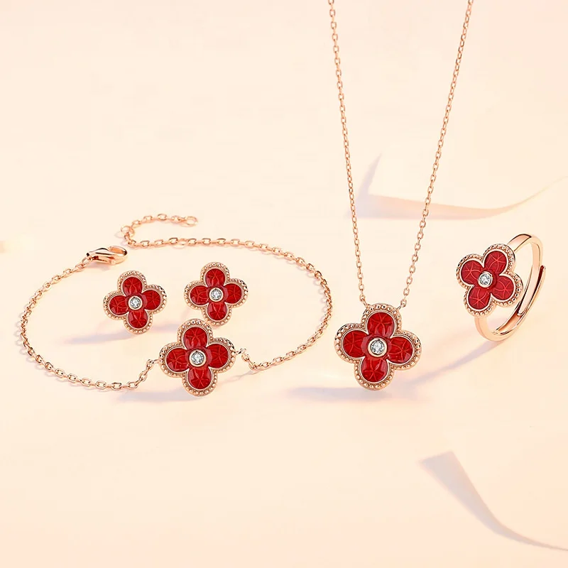 

Red And Green Emerald Element Jewelry Agate Women Plated 18K Gold 925 Sterling Silver Four-Leaf Clover Jewelry Set, Red,green