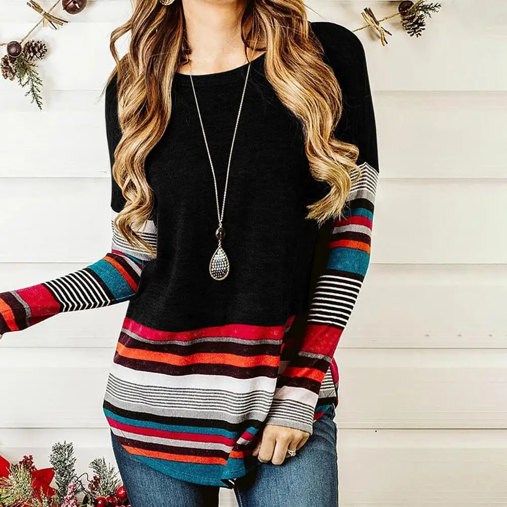 

Colorful Striped Splicing Blouse without Necklace Christmas Color Striped Shirt