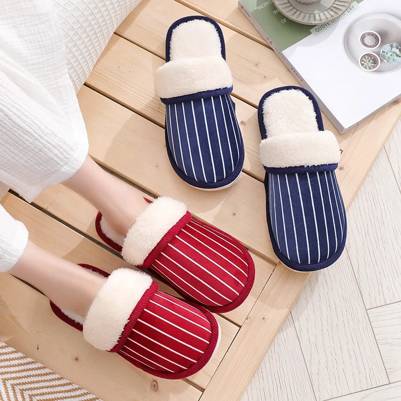 
Stripe Soft Plush Home Slippers Indoor Cotton Shoes Winter Floor Warm Furry Slippers For Women And Men 