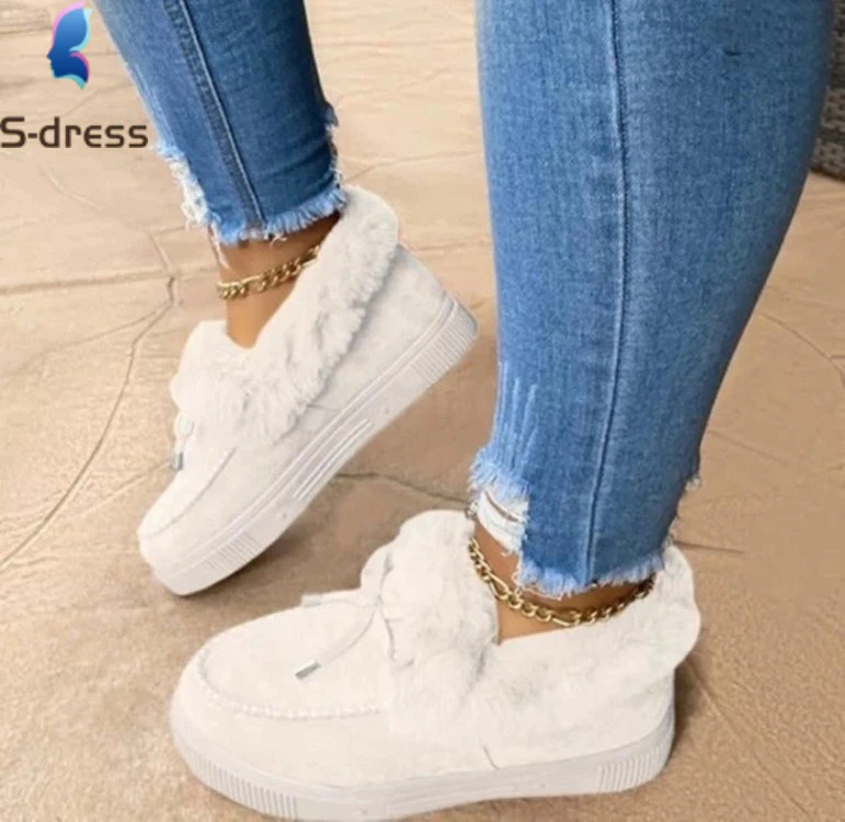 

New Women Winter Cotton Shoes Bowknot Plush Warm Snow Boots Ladies Casual Flat Short Boots Solid Color Furry Females Feetwear, As photos