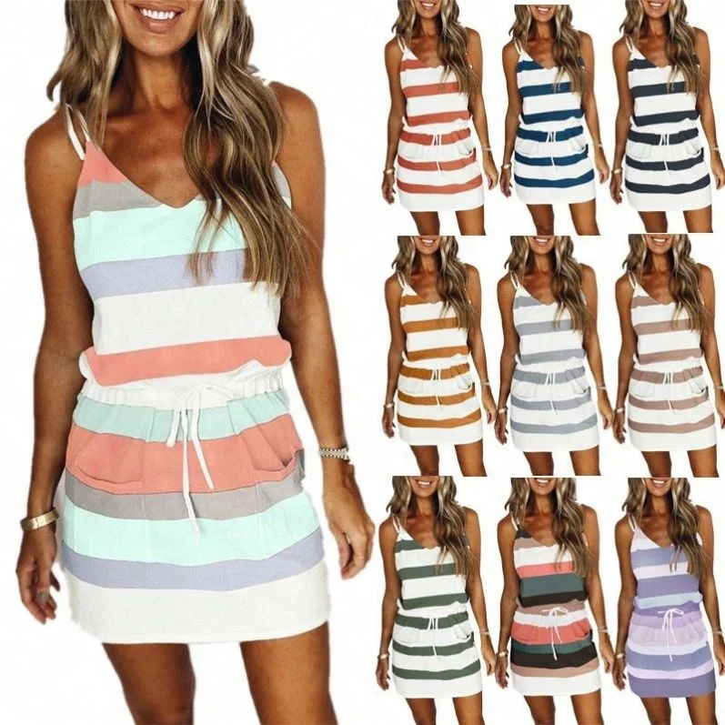 

Newest Design Sexy Colourful Striped Midi Dress Summer Women Loose 3Xl Plus Size Suspender Casual Dresses, As picture or customized make