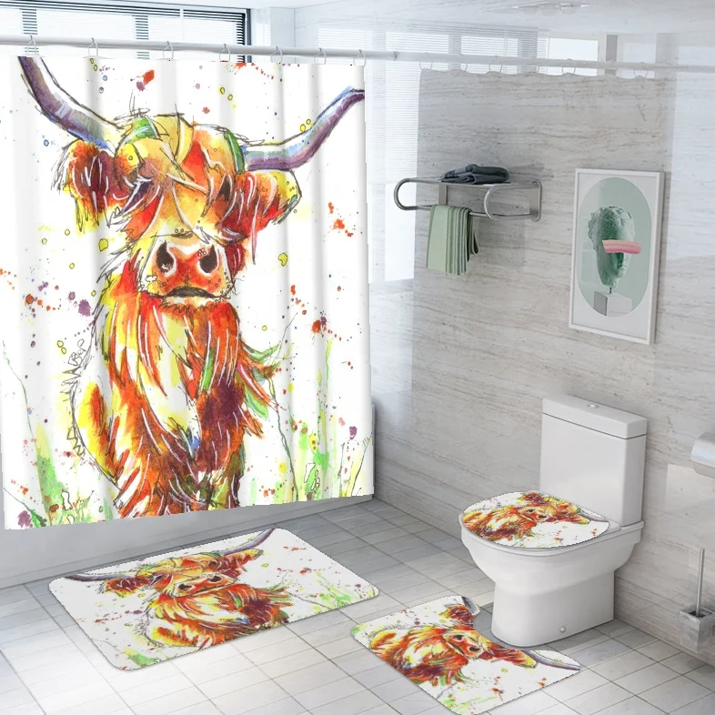

3D Painted Cow Pattern Printing Designer Inspired Shower Curtain Set Hotel Waterproof Shower Curtain