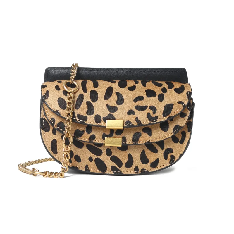 

2021 Winter Personality Style Street Leopard Print Saddle Bag New One Shoulder Chain Bag Fashion Vintage Crossbody Leather Bag, Leopard+black