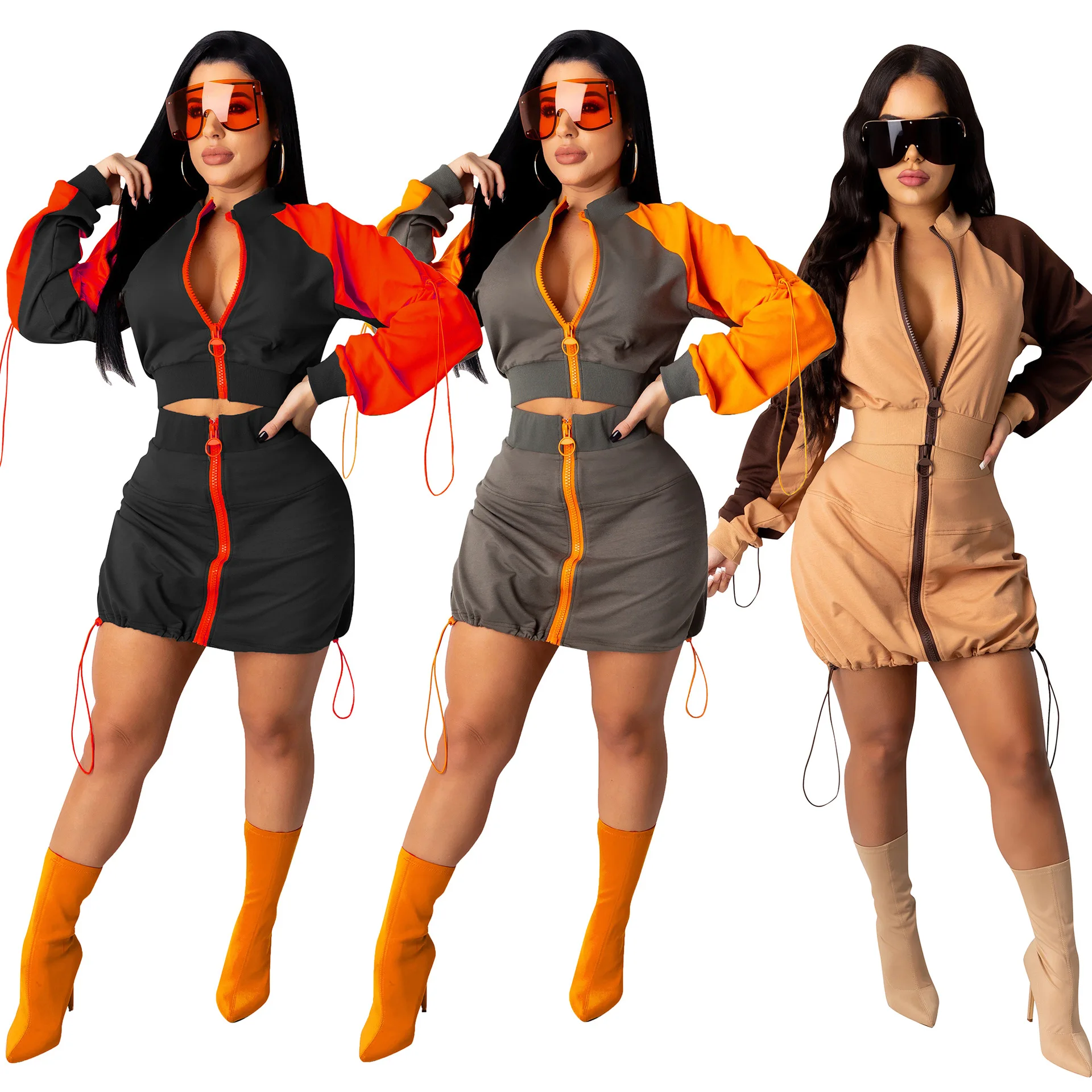 

Sexy 2 Piece Women Outfits Color Patchwork Zipper Crop Jacket Drawstring Mini Skirt Casual Fashion Tracksuits Streetwear RS00616