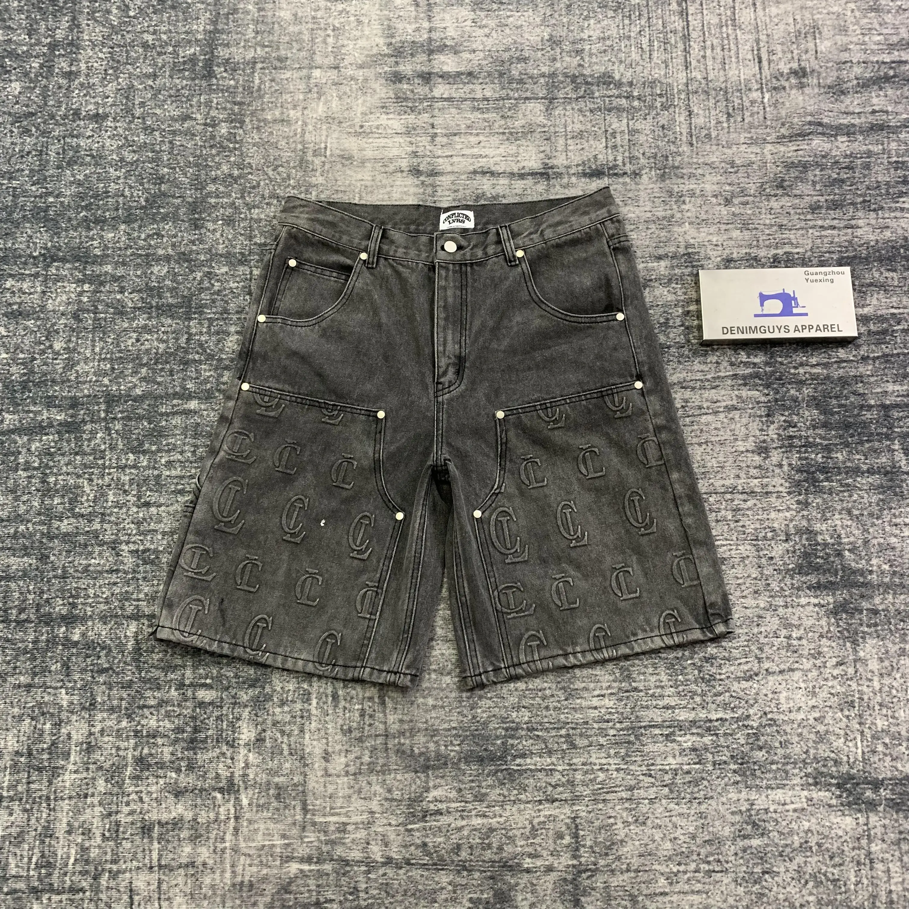 DENIMGUYS Mens Clothing Custom Logo Embossed Carpenter Jorts Design Vintage Streetwear Baggy Summer Casual Denim Shorts for Men