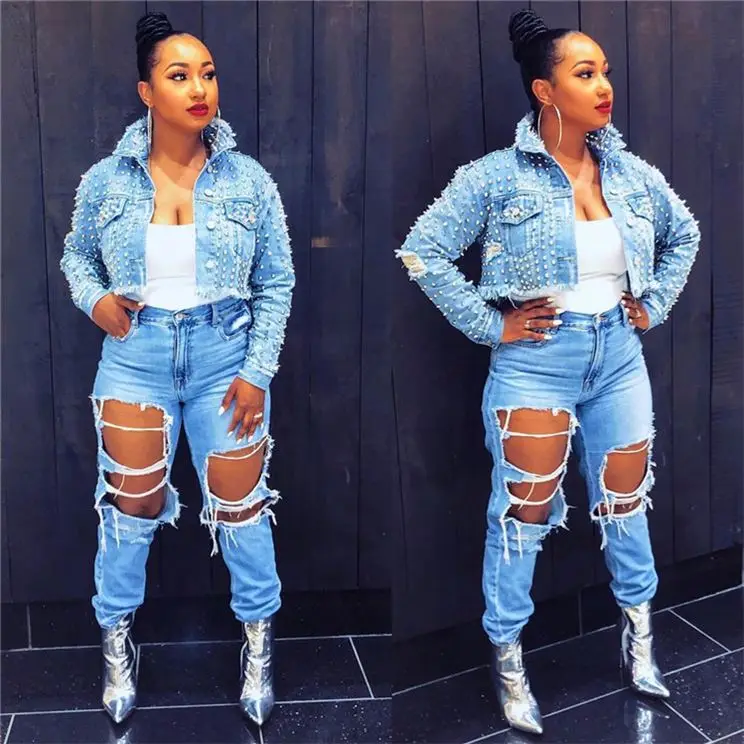 

Custom fashion women studded cropped puff sleeves denim jean jackets