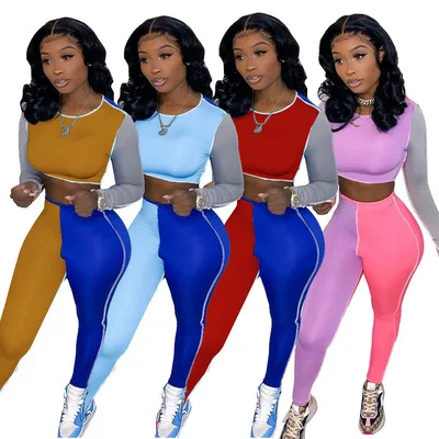 

New Arrival Color Blocking Patchwork suit autumn long sleeve O-Neck Crop top long pant women 2 piece stretchy sets