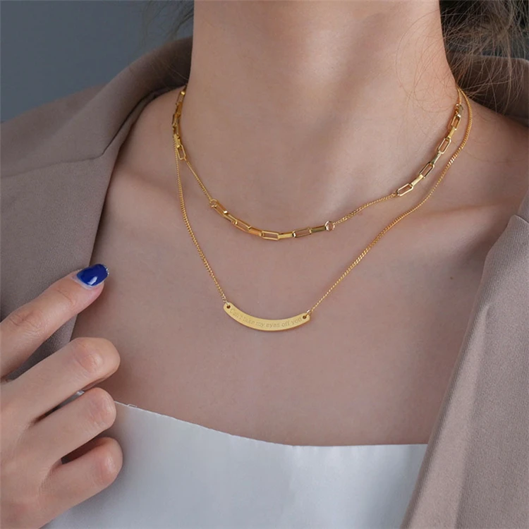 

Trendy double layered stainless steel chains silver gold plated box link chain jewelry women engraved bar necklace