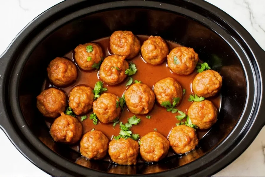 Slow cooker filled with glossy meatballs in sweet and sour sauce, garnished with fresh parsley