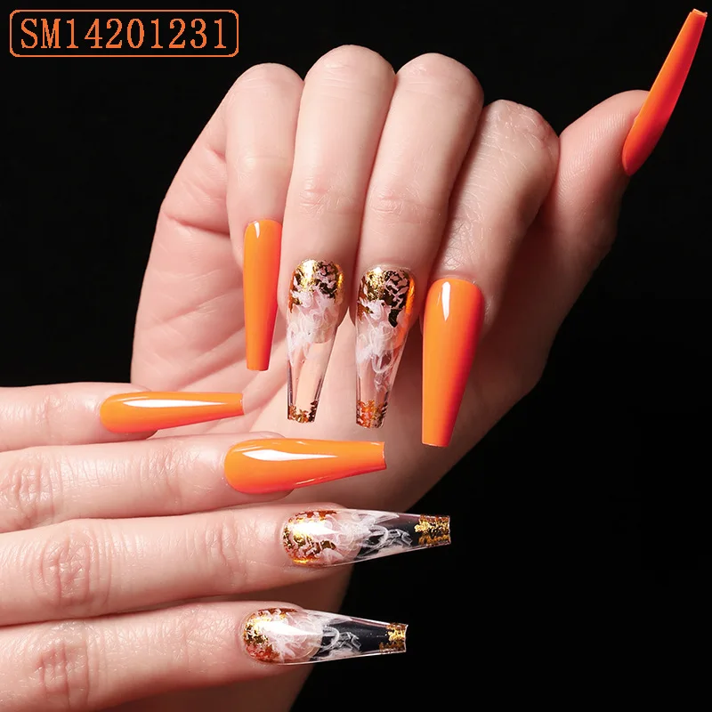 

long press on coffin nails Artistic orange smoke pattern ballerina press on nails finger nails false press