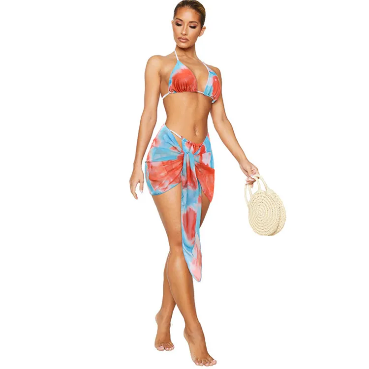 

Tie-dye 3 Piece Bikini Set Mesh Swimsuit Cover Up Skirt String Brazilian Swimwear Beach Wear Bathing Suit Biquinis Feminino 2021, As picture