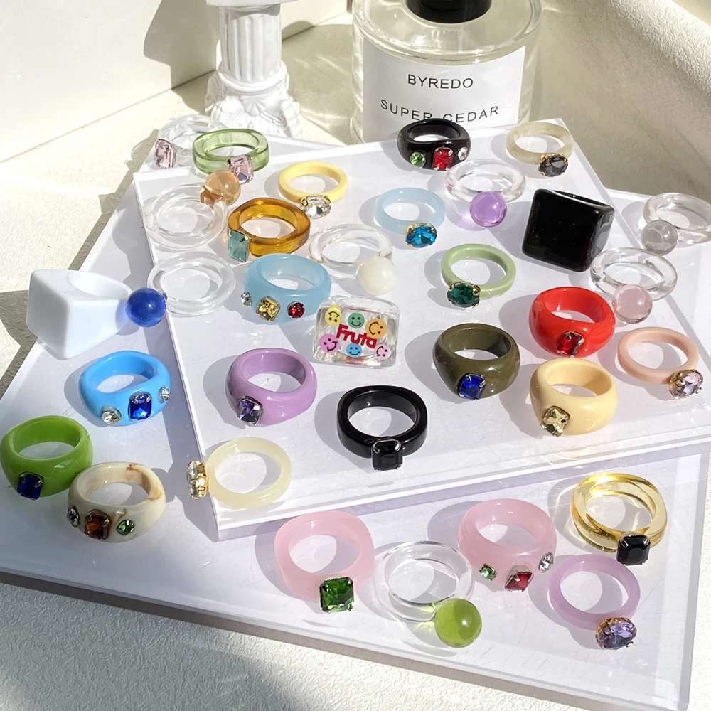 

17KM Trendy Colourful Transparent Resin Acrylic Rings Creative Geometric Square Round Irregular Ring Jewelry For Women