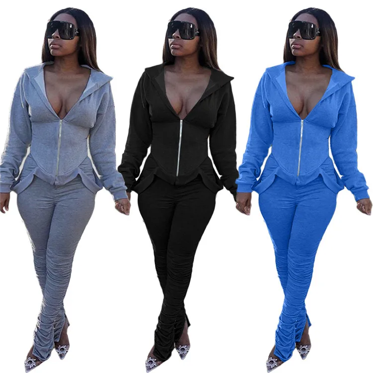 

Wholesale women hooded clothing 3 Colors Custom your own logo Women Stacked Sweat Pants 2 Piece Outfits Set, Mix color or custom colors