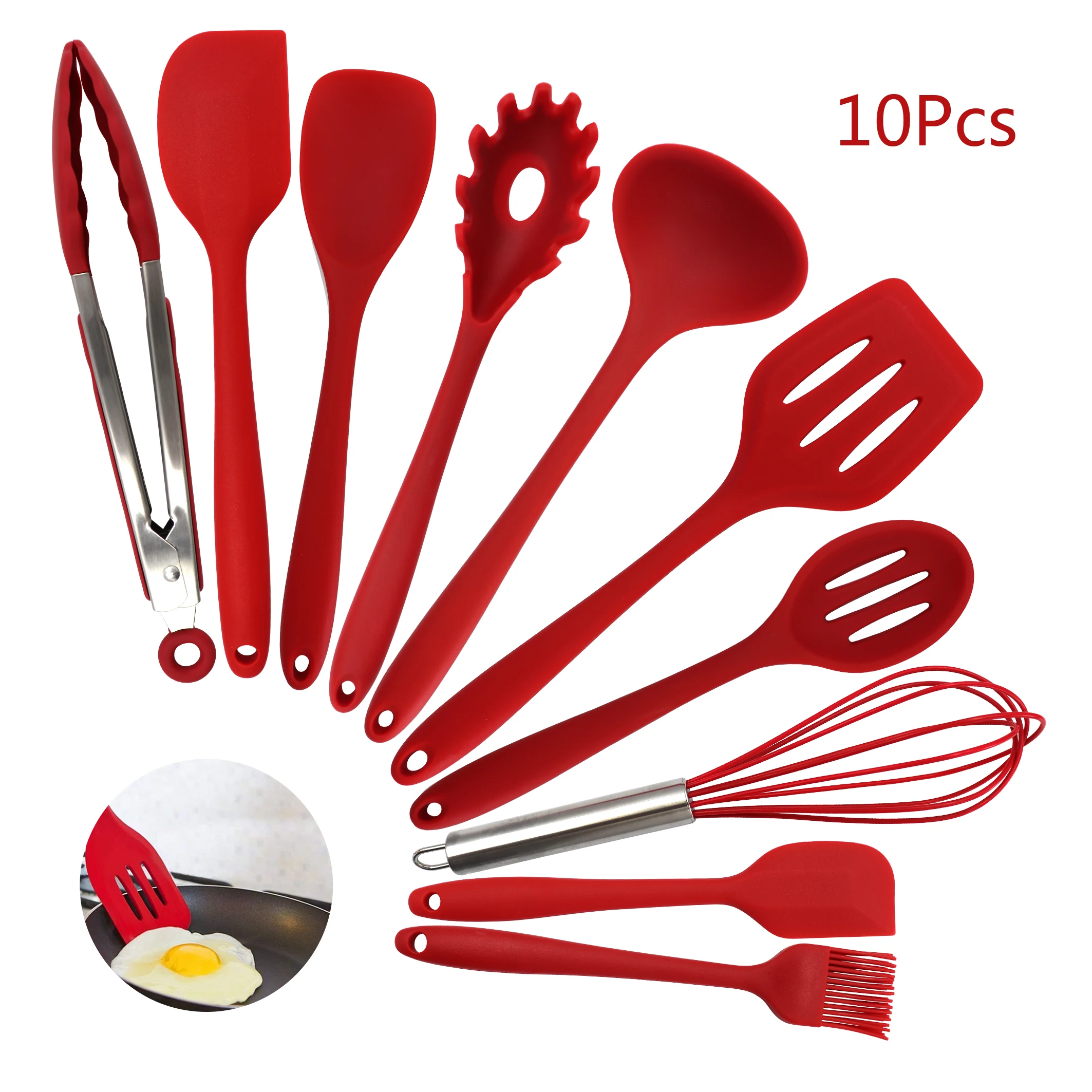 

Heat-Resistant 10 pcs Silicone Kitchen Cooking Tools Baking Cookware Gadgets Spatula Spoon Set, Black and red