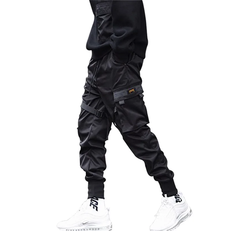 

High Quality Streetwear Custom Logo Black Multi Pockets Slim Fit Track Pant Mens Cargo Pants