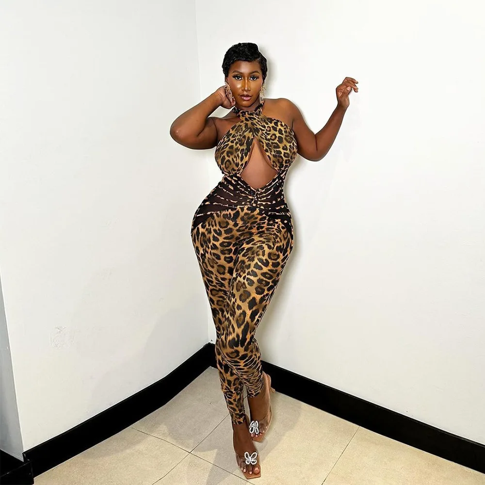 Top Fashion Chic Halter Deep V Neck Solid Color Bodycon Off Shoulder Sleeveless See Through Sexy Women Jumpsuits