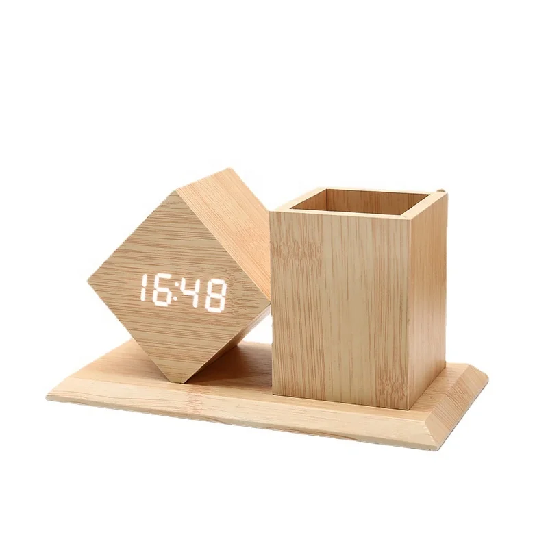 2023 Gifts New Bamboo Wood Pen Holder Clock Voice-activated Alarm Clock