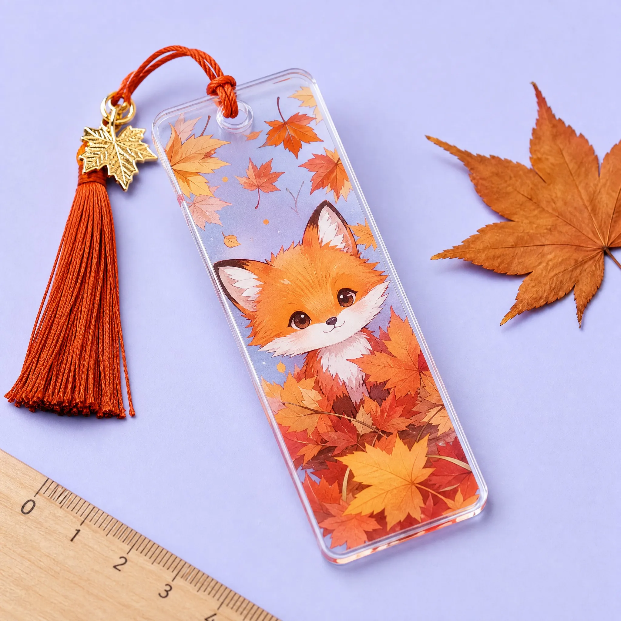 Custom Full Color UV Printed Cute Fox Acrylic Bookmark with Gold Maple Leaf Charm