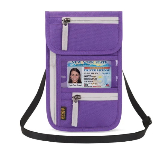 

Low MOQ Custom logo Travel Pouch RFID Blocking Purse bag Neck Wallet Cards travelling Passport Holder, 8 colors