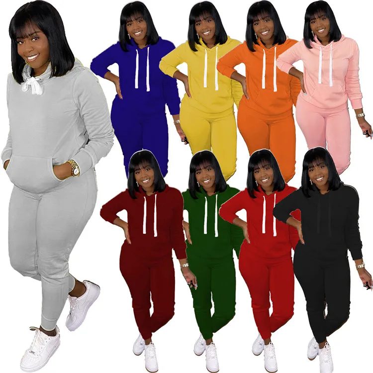 

EB-20082705 2021 New Ladies Jogger Sweatsuit Long Sleeve Hoodies Pocket Fall Women Two Piece Pants Set, Picture shown