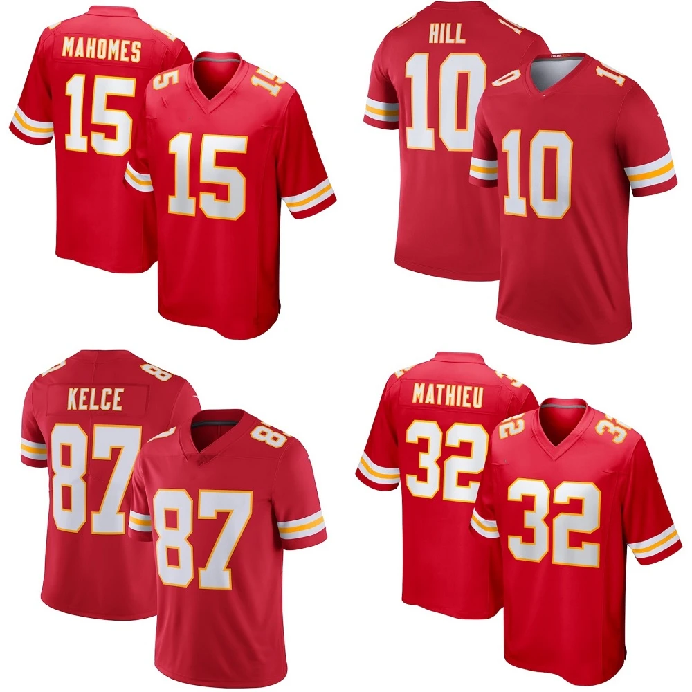

Custom Kansas City Team Club Uniform Stitched American Football Jersey Chief Red Game 15 Mahomes 87 Kelce 10 Hill 32 Mathieu