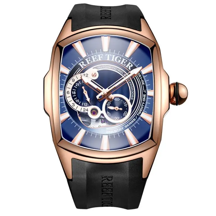 

REEF TIGER RGA3069S New Arrival Mens Rose Gold Case Blue Dial Rubber Strap Waterproof Automatic Watches