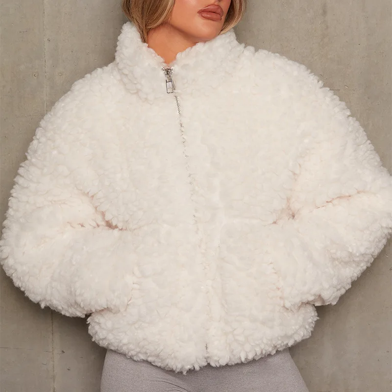 

Zipper Solid Color White Side Pocket Warm Fleece Loose Short Jacket Winter Lamb Fur Coat Plush Cardigan Women's Wool Coat