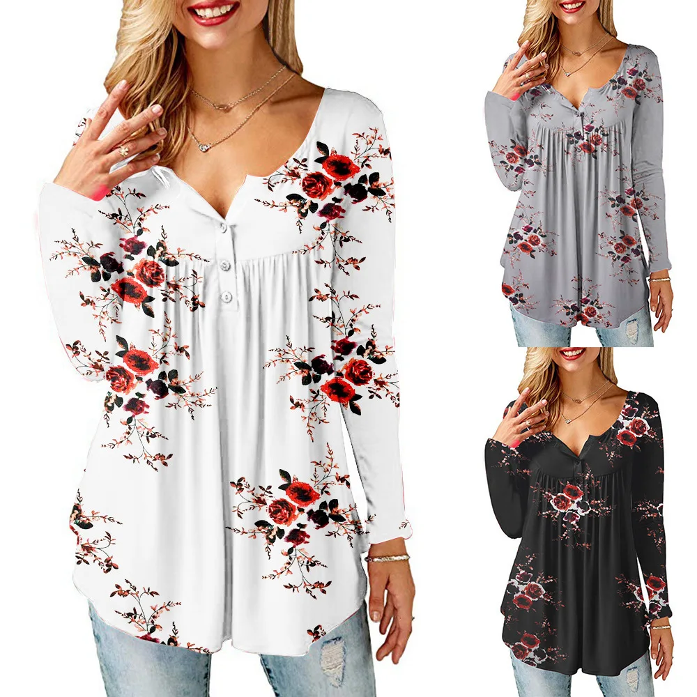 

Ladies Autumn Tops Shirts Long Sleeve Floral Printed Comfy V Neck Casual Blouse for Women, As shown