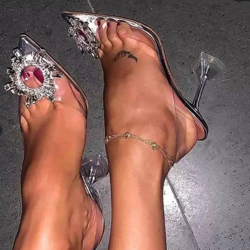 

2022 Rhinestone Sun flower heels Transparent Crystal stiletto designer heels Shoes Women sandals
