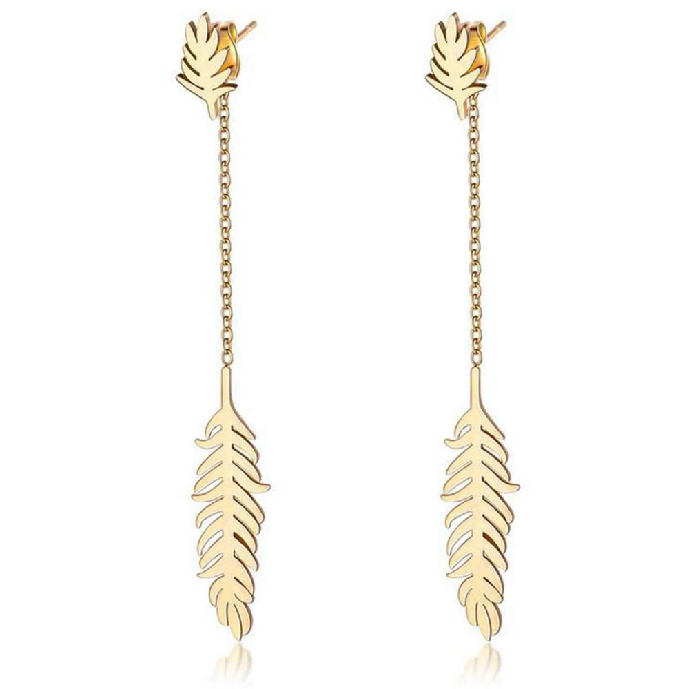 Japan and South Korea long feather earrings temperament fringed leaf earrings wild gold-plated ladies earrings